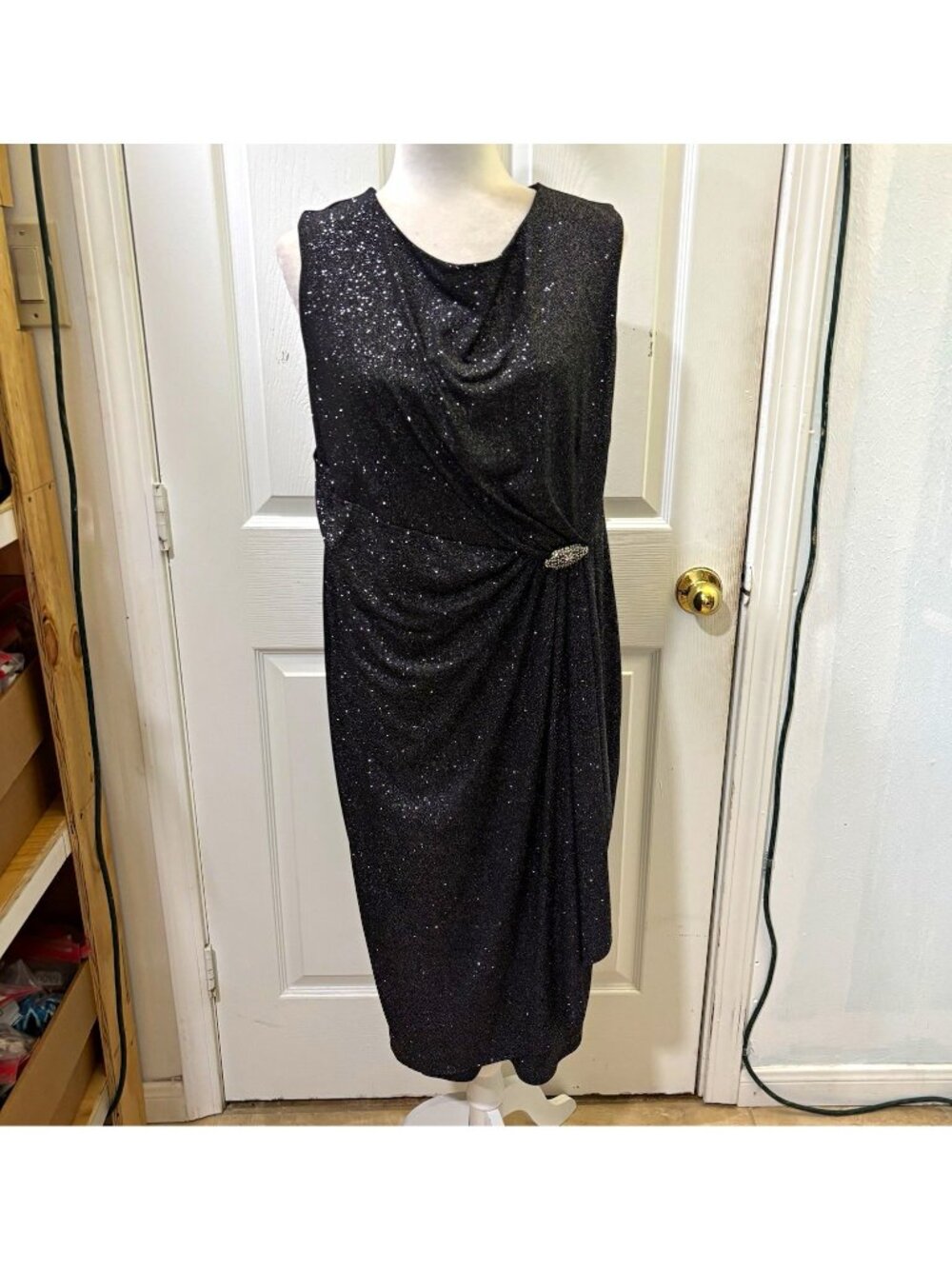 Tiana B. Black Silver Sparkle Rhinestone Cowl Neck Midi Sheath Dress 14W party